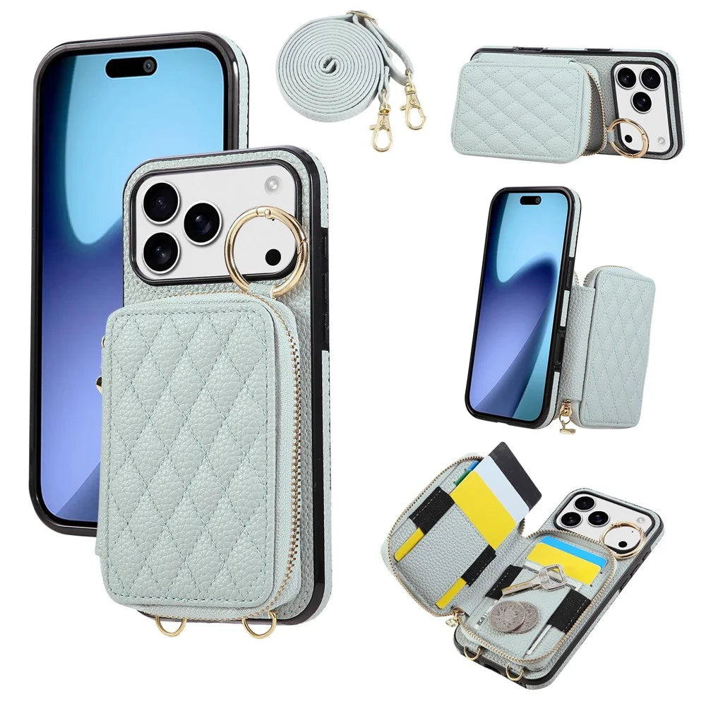 For iPhone 18 Pro / 17 Pro Case Zipper Card Holder PU Leather Phone Back Cover with Shoulder Strap - Blue - 1