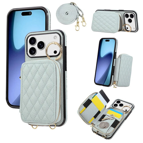For iPhone 18 Pro / 17 Pro Case Zipper Card Holder PU Leather Phone Back Cover with Shoulder Strap - Blue - 1