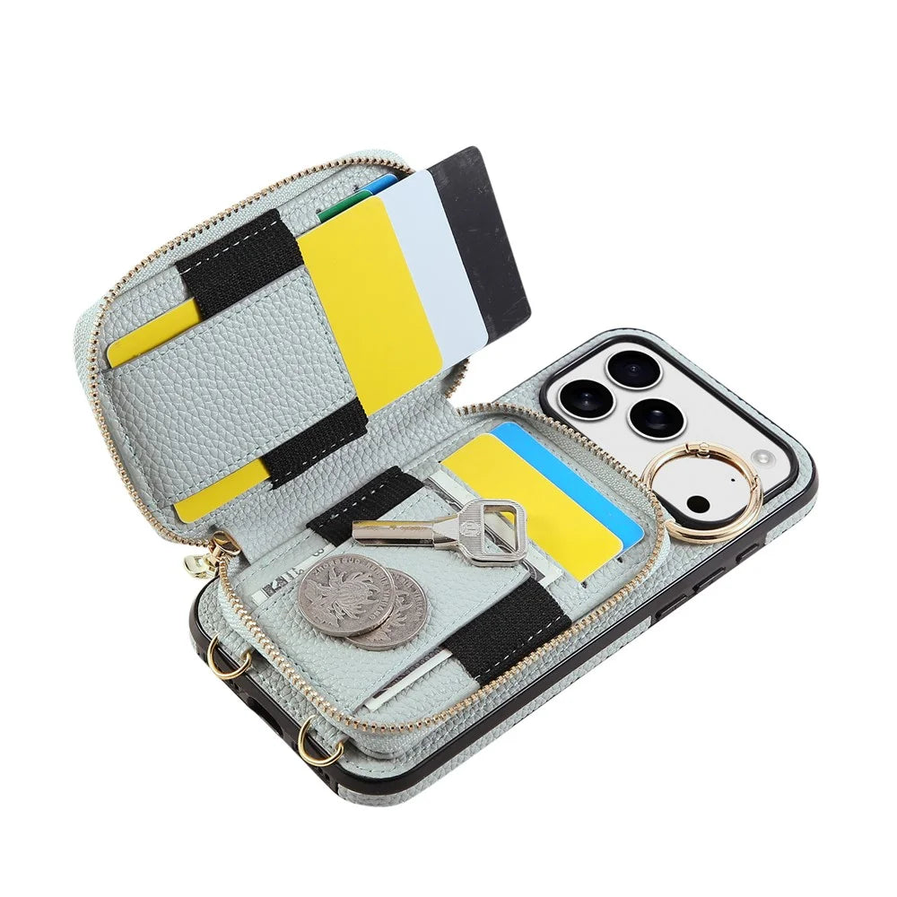 For iPhone 18 Pro / 17 Pro Case Zipper Card Holder PU Leather Phone Back Cover with Shoulder Strap - Blue - 2