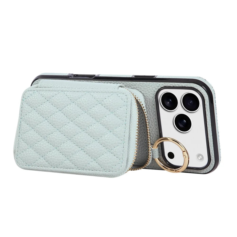 For iPhone 18 Pro / 17 Pro Case Zipper Card Holder PU Leather Phone Back Cover with Shoulder Strap - Blue - 3
