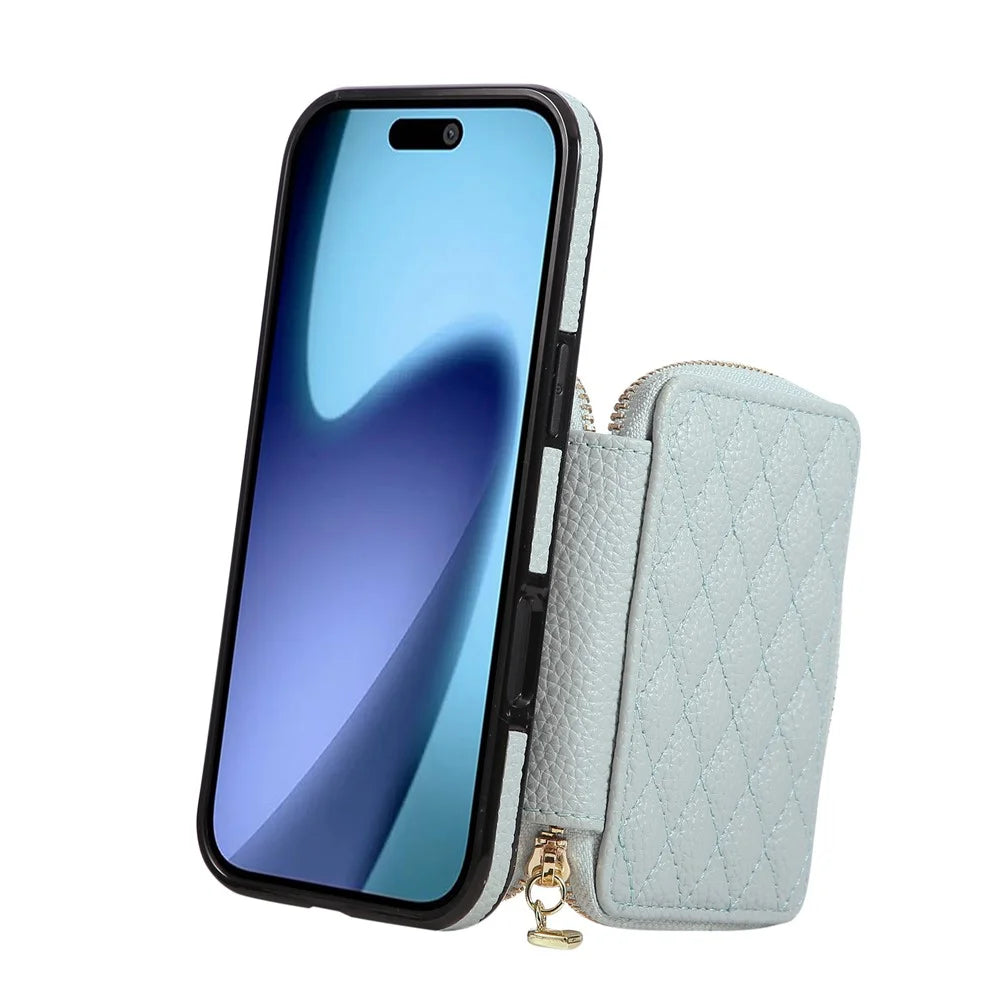 For iPhone 18 Pro / 17 Pro Case Zipper Card Holder PU Leather Phone Back Cover with Shoulder Strap - Blue - 4