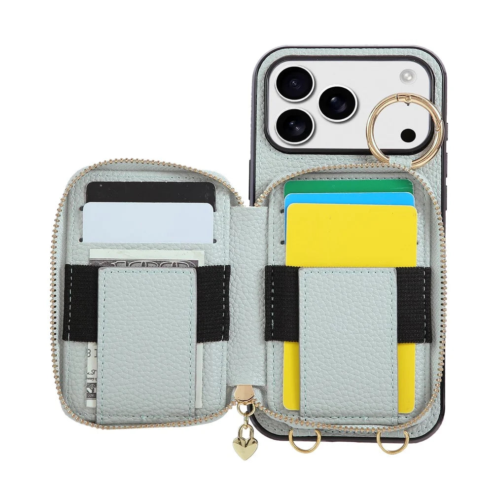 For iPhone 18 Pro / 17 Pro Case Zipper Card Holder PU Leather Phone Back Cover with Shoulder Strap - Blue - 5