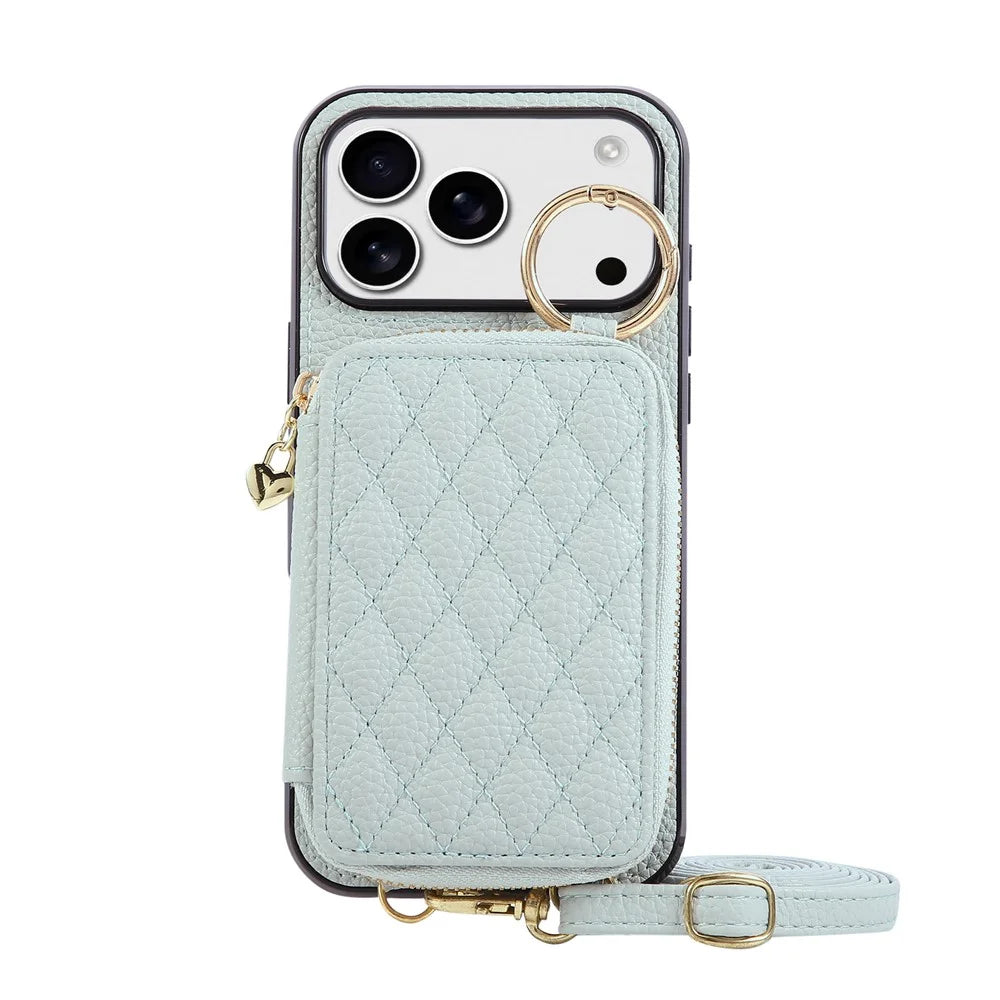 For iPhone 18 Pro / 17 Pro Case Zipper Card Holder PU Leather Phone Back Cover with Shoulder Strap - Blue - 6
