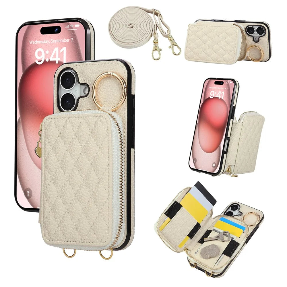 For iPhone 17 Case Zipper Card Holder PU Leather Phone Back Cover with Shoulder Strap - Beige - 1