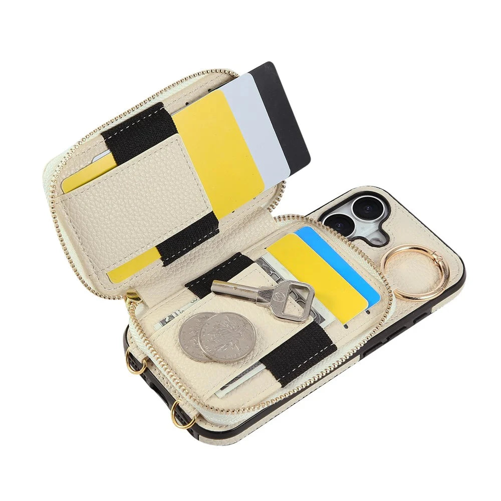 For iPhone 17 Case Zipper Card Holder PU Leather Phone Back Cover with Shoulder Strap - Beige - 2
