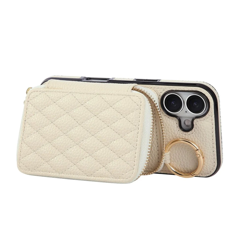 For iPhone 17 Case Zipper Card Holder PU Leather Phone Back Cover with Shoulder Strap - Beige - 3