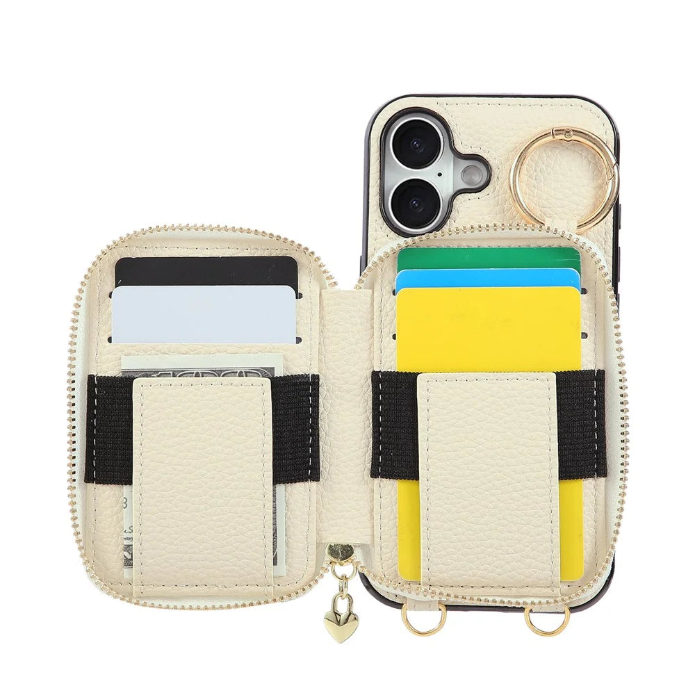 For iPhone 17 Case Zipper Card Holder PU Leather Phone Back Cover with Shoulder Strap - Beige - 4