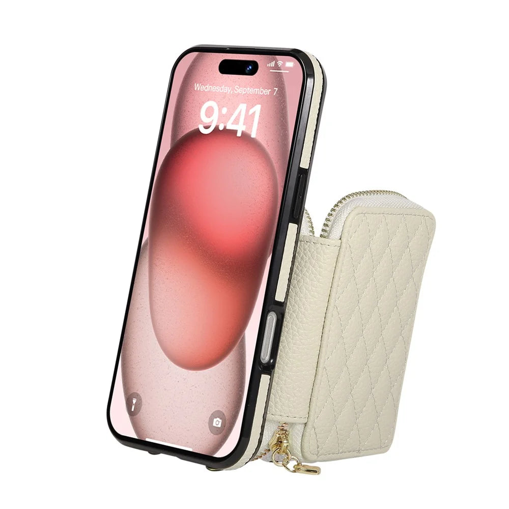 For iPhone 17 Case Zipper Card Holder PU Leather Phone Back Cover with Shoulder Strap - Beige - 5