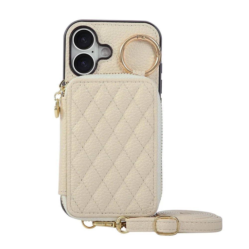 For iPhone 17 Case Zipper Card Holder PU Leather Phone Back Cover with Shoulder Strap - Beige - 6
