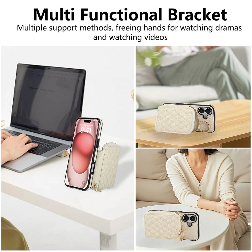 For iPhone 17 Case Zipper Card Holder PU Leather Phone Back Cover with Shoulder Strap - Beige - 7