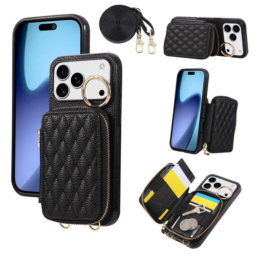 For iPhone 18 Pro Max / 17 Pro Max Case Zipper Card Holder PU Leather Phone Back Cover with Shoulder Strap - Black - 1