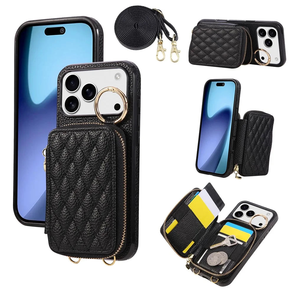 For iPhone 18 Pro Max / 17 Pro Max Case Zipper Card Holder PU Leather Phone Back Cover with Shoulder Strap - Black - 1