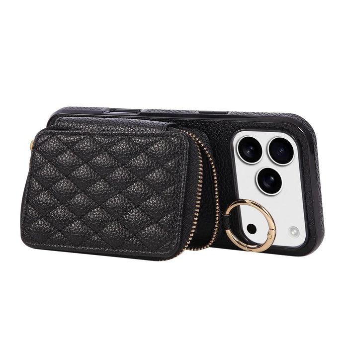For iPhone 18 Pro Max / 17 Pro Max Case Zipper Card Holder PU Leather Phone Back Cover with Shoulder Strap - Black - 3