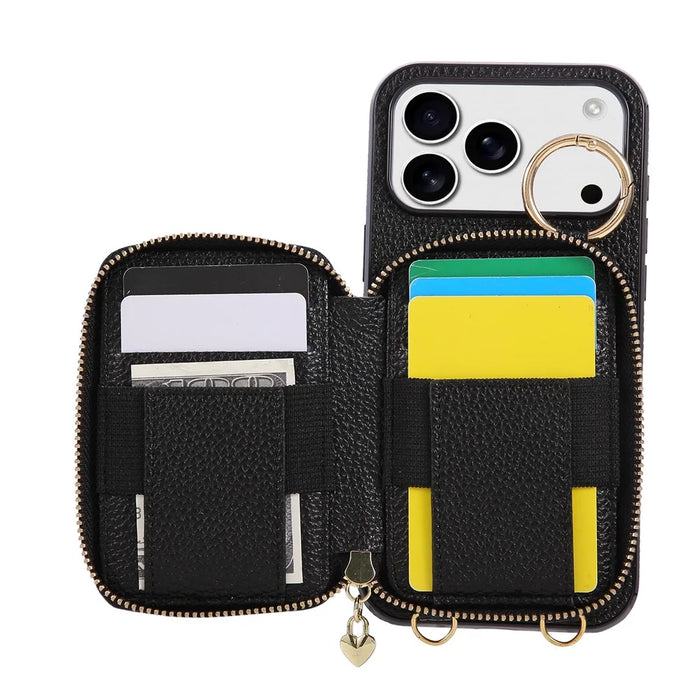 For iPhone 18 Pro Max / 17 Pro Max Case Zipper Card Holder PU Leather Phone Back Cover with Shoulder Strap - Black - 4