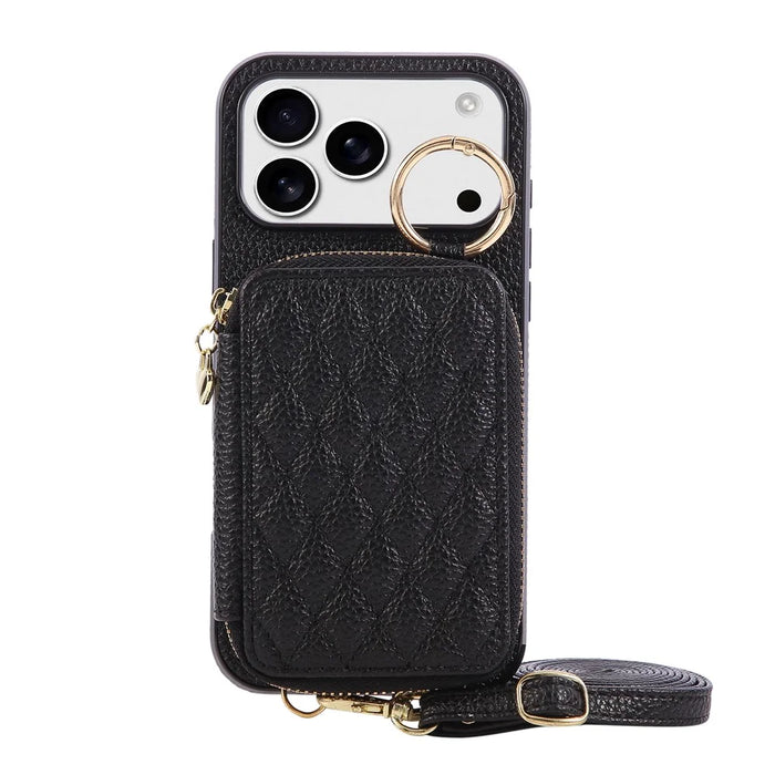 For iPhone 18 Pro Max / 17 Pro Max Case Zipper Card Holder PU Leather Phone Back Cover with Shoulder Strap - Black - 6