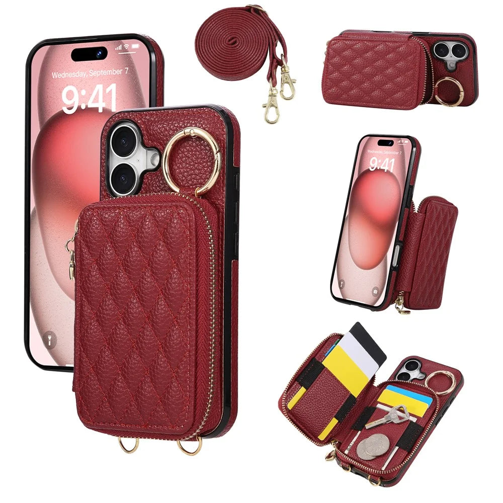 For iPhone 16 Case Zipper Card Holder PU Leather Phone Back Cover with Shoulder Strap - Red - 1