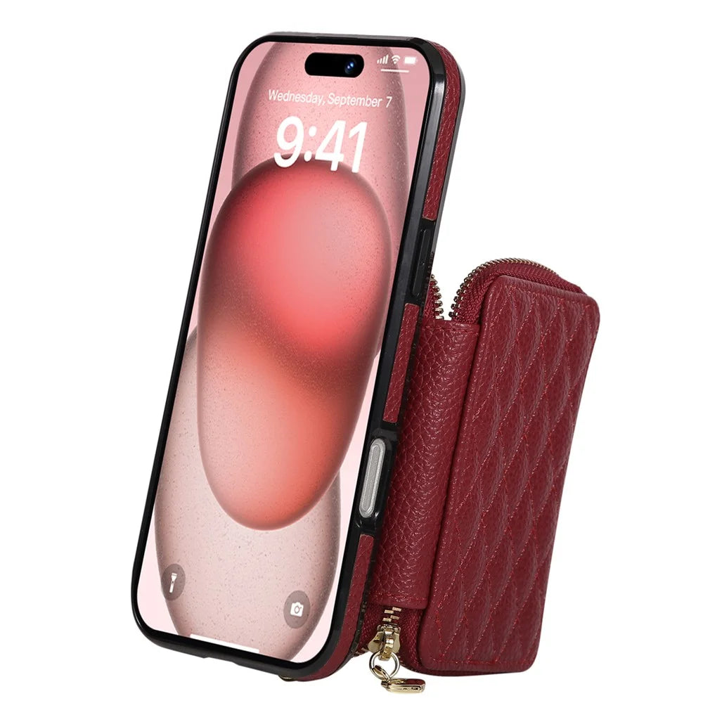 For iPhone 16 Case Zipper Card Holder PU Leather Phone Back Cover with Shoulder Strap - Red - 2