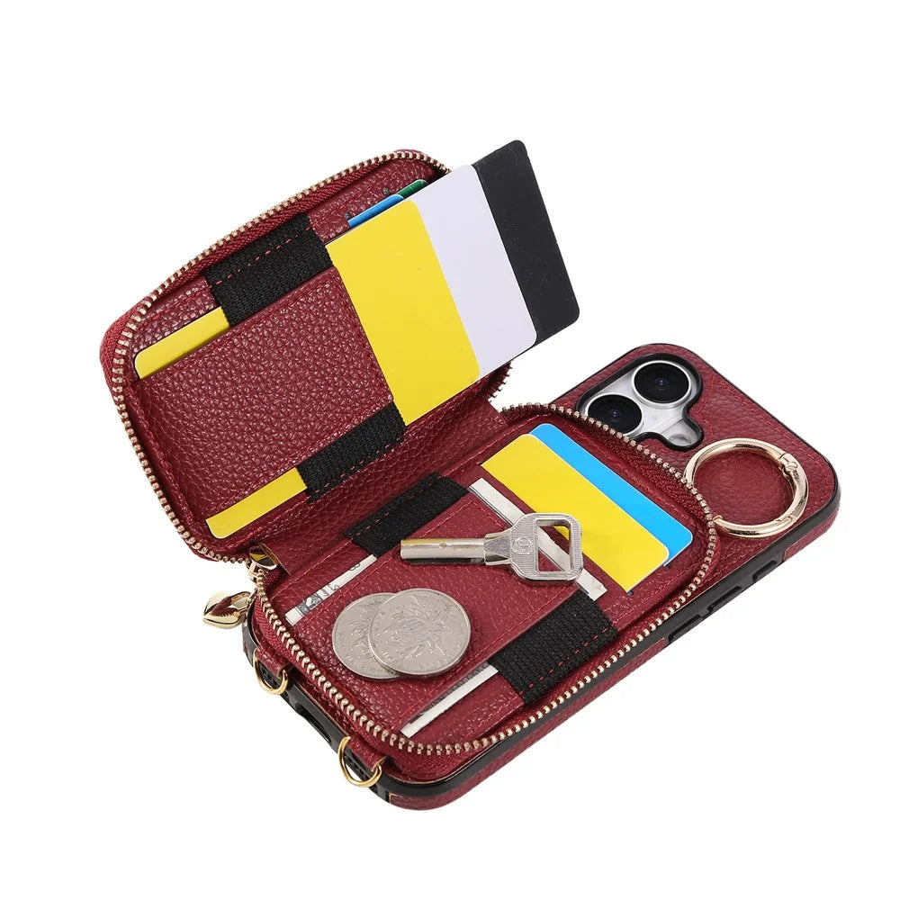 For iPhone 16 Case Zipper Card Holder PU Leather Phone Back Cover with Shoulder Strap - Red - 3