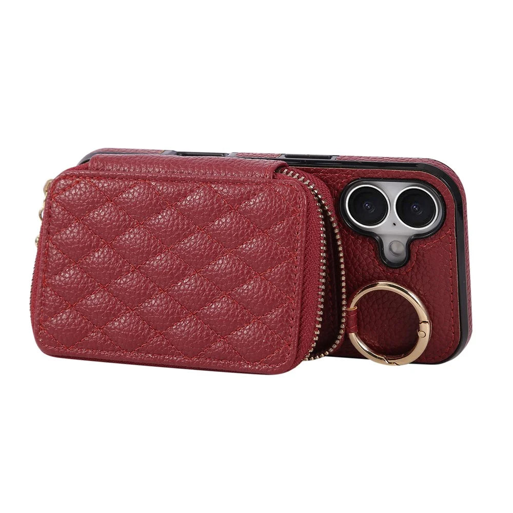For iPhone 16 Case Zipper Card Holder PU Leather Phone Back Cover with Shoulder Strap - Red - 4
