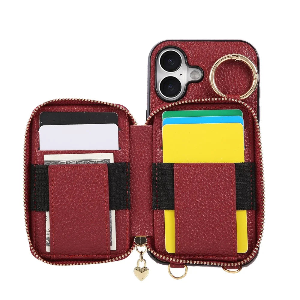 For iPhone 16 Case Zipper Card Holder PU Leather Phone Back Cover with Shoulder Strap - Red - 5