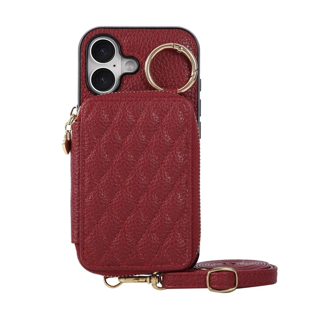 For iPhone 16 Case Zipper Card Holder PU Leather Phone Back Cover with Shoulder Strap - Red - 6