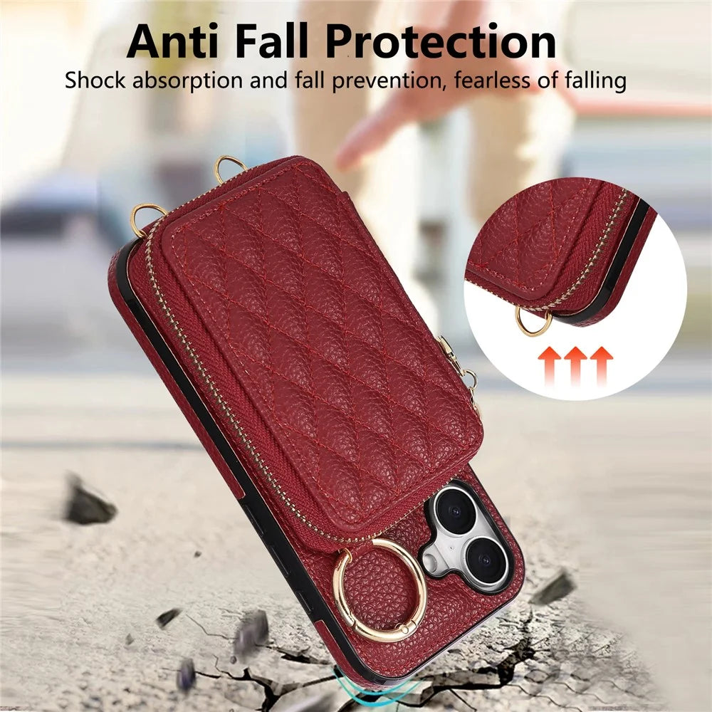 For iPhone 16 Case Zipper Card Holder PU Leather Phone Back Cover with Shoulder Strap - Red - 7