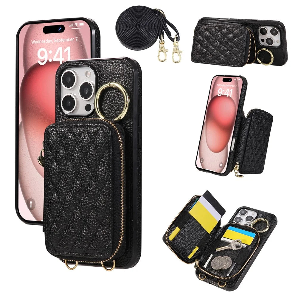 For iPhone 16 Pro Case Zipper Card Holder PU Leather Phone Back Cover with Shoulder Strap - Black - 1