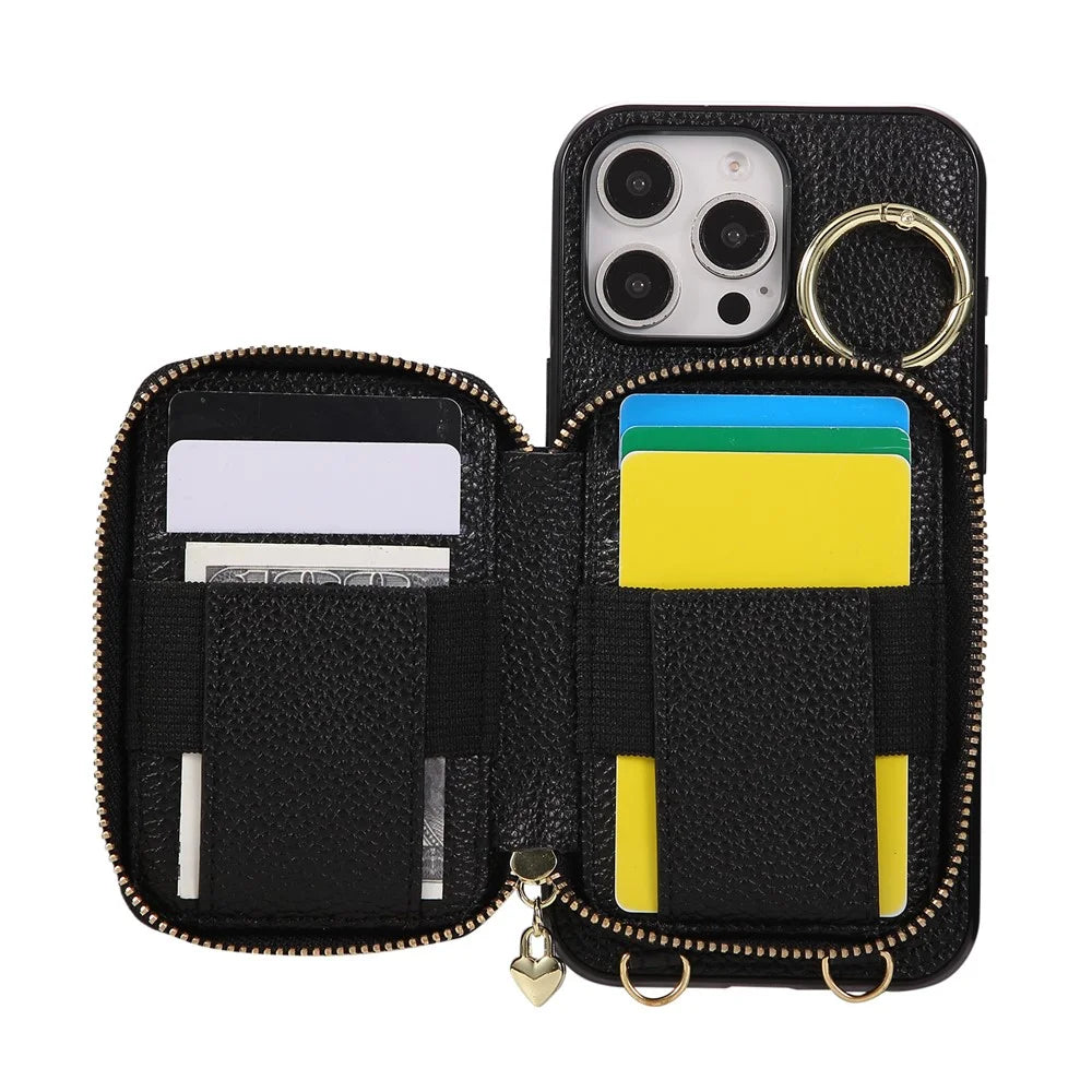 For iPhone 16 Pro Case Zipper Card Holder PU Leather Phone Back Cover with Shoulder Strap - Black - 2