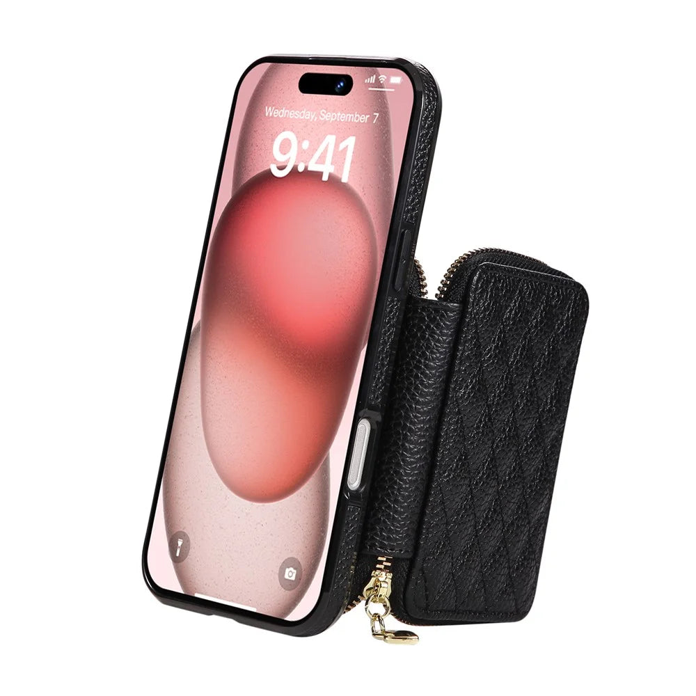 For iPhone 16 Pro Case Zipper Card Holder PU Leather Phone Back Cover with Shoulder Strap - Black - 3