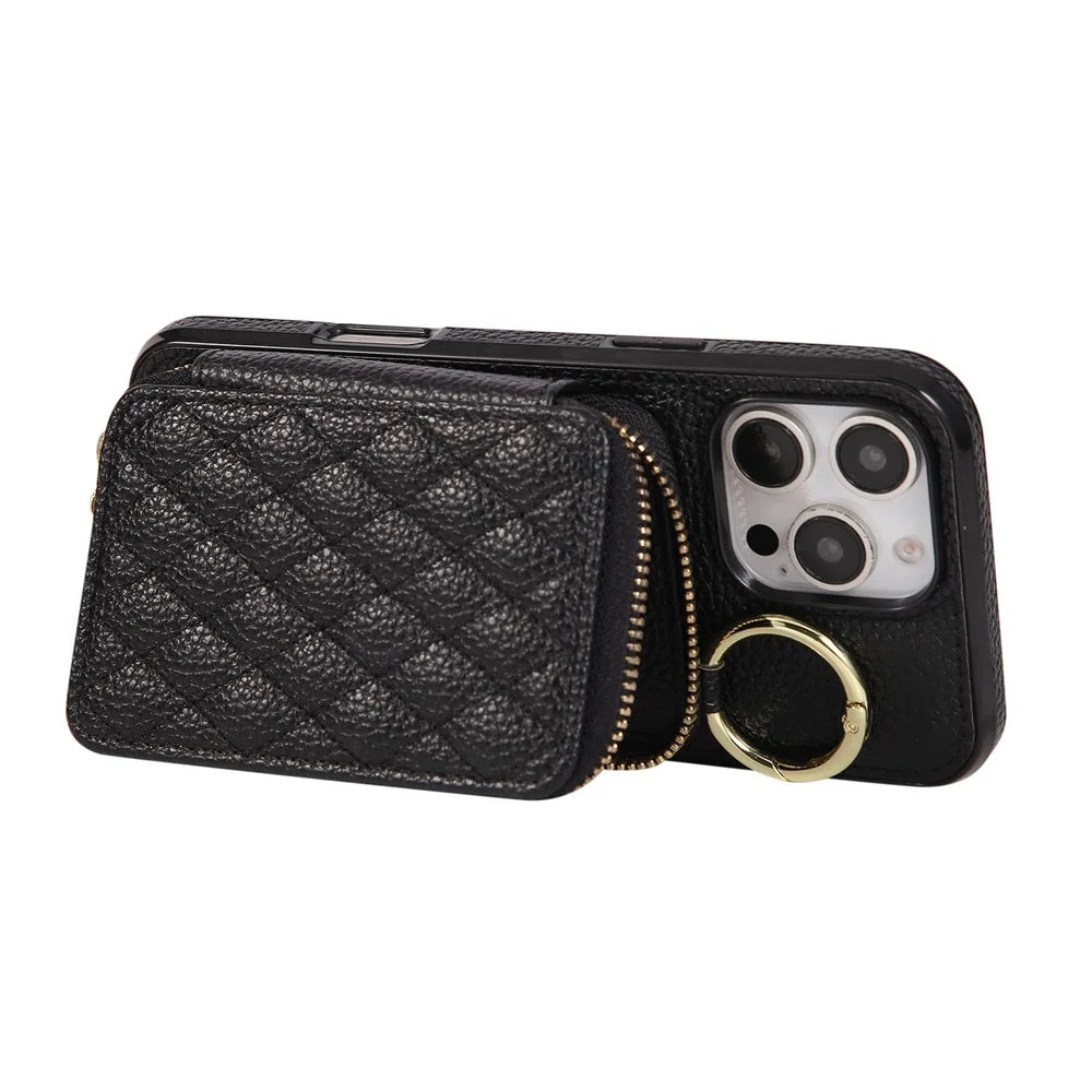 For iPhone 16 Pro Case Zipper Card Holder PU Leather Phone Back Cover with Shoulder Strap - Black - 4
