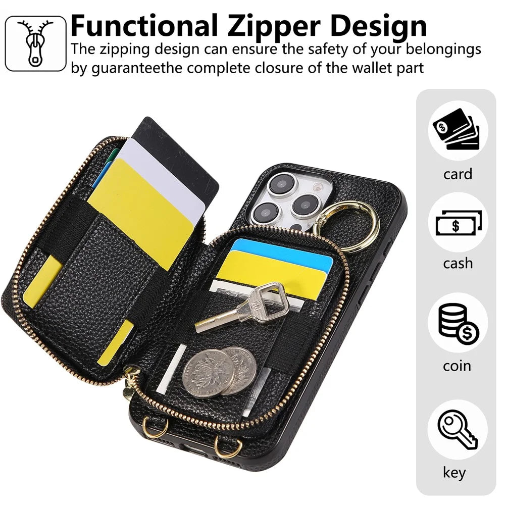 For iPhone 16 Pro Case Zipper Card Holder PU Leather Phone Back Cover with Shoulder Strap - Black - 6