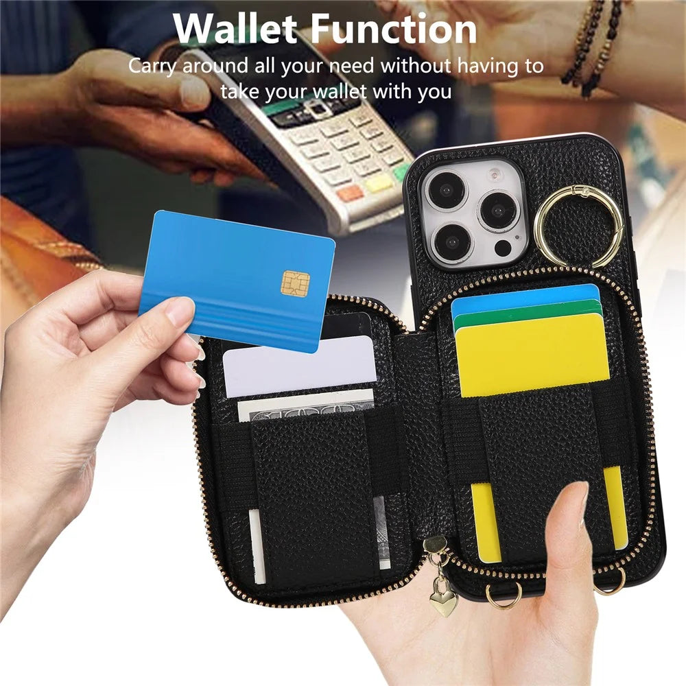 For iPhone 16 Pro Case Zipper Card Holder PU Leather Phone Back Cover with Shoulder Strap - Black - 7
