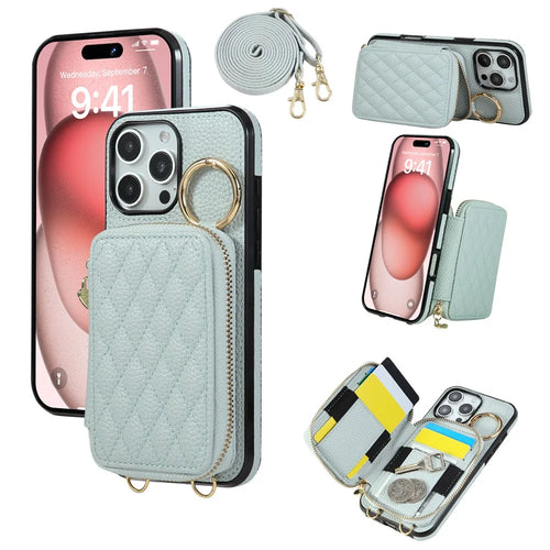 For iPhone 16 Pro Max Case Zipper Card Holder PU Leather Phone Back Cover with Shoulder Strap - Blue - 1