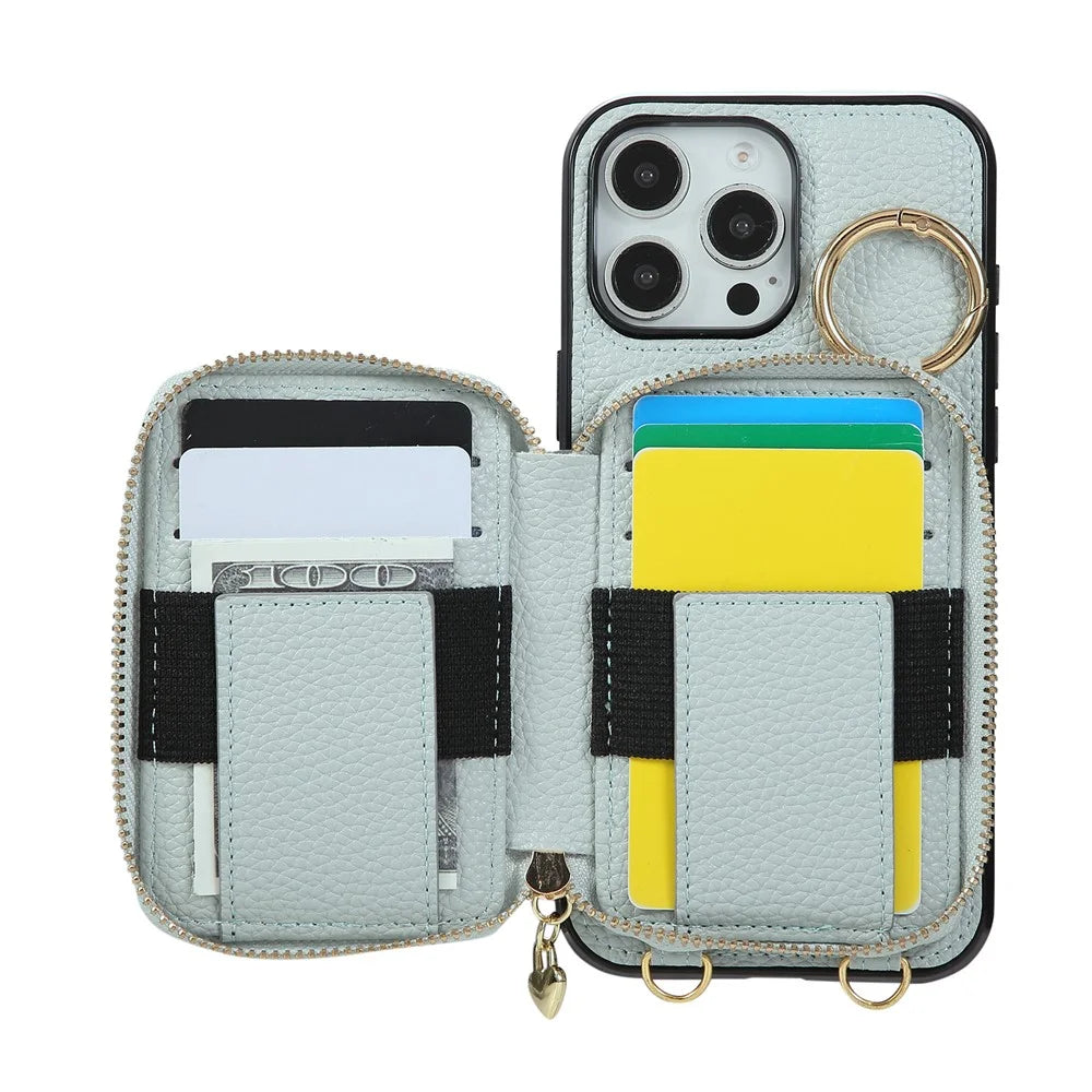 For iPhone 16 Pro Max Case Zipper Card Holder PU Leather Phone Back Cover with Shoulder Strap - Blue - 2