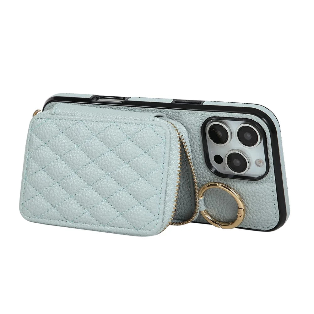 For iPhone 16 Pro Max Case Zipper Card Holder PU Leather Phone Back Cover with Shoulder Strap - Blue - 3