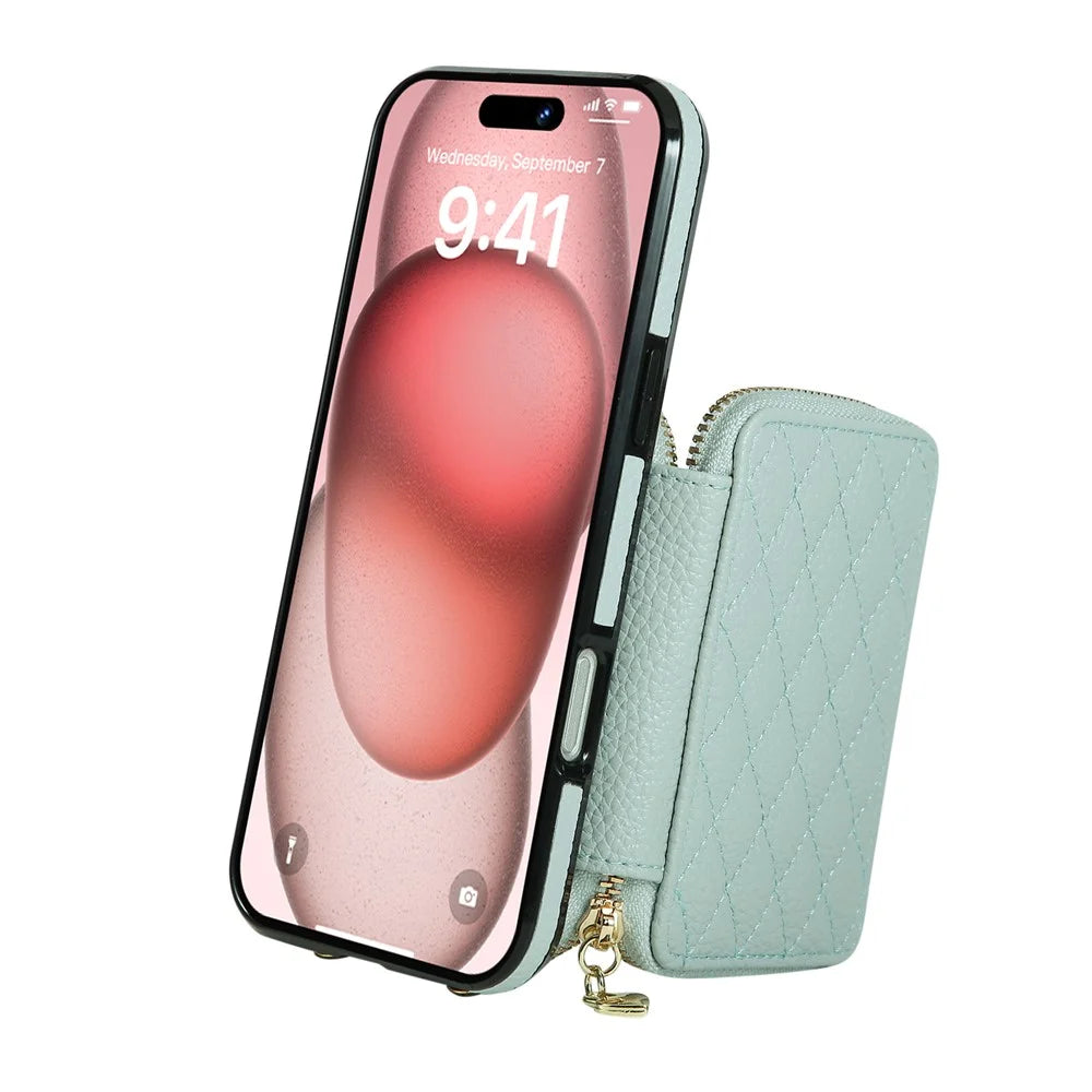 For iPhone 16 Pro Max Case Zipper Card Holder PU Leather Phone Back Cover with Shoulder Strap - Blue - 4