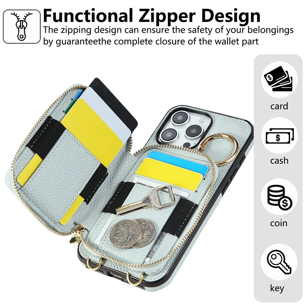 For iPhone 16 Pro Max Case Zipper Card Holder PU Leather Phone Back Cover with Shoulder Strap - Blue - 6