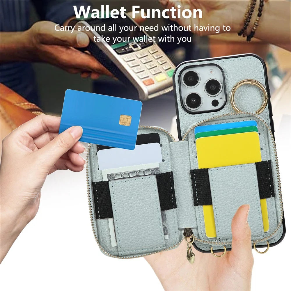 For iPhone 16 Pro Max Case Zipper Card Holder PU Leather Phone Back Cover with Shoulder Strap - Blue - 7