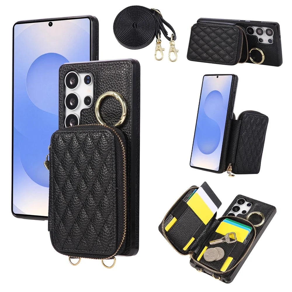 For Samsung Galaxy S25 Ultra Case Zipper Card Holder PU Leather Phone Back Cover with Shoulder Strap - Black - 1