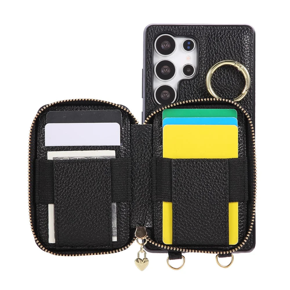 For Samsung Galaxy S25 Ultra Case Zipper Card Holder PU Leather Phone Back Cover with Shoulder Strap - Black - 2