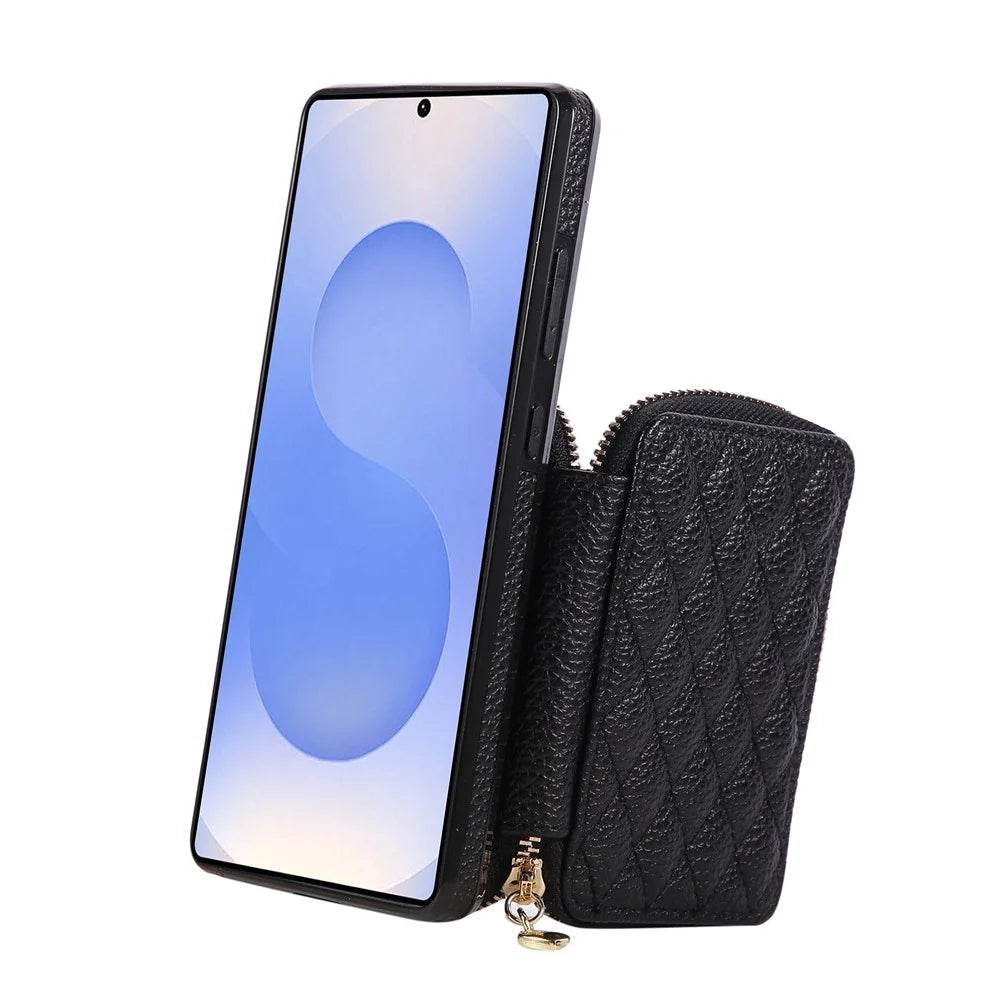 For Samsung Galaxy S25 Ultra Case Zipper Card Holder PU Leather Phone Back Cover with Shoulder Strap - Black - 3