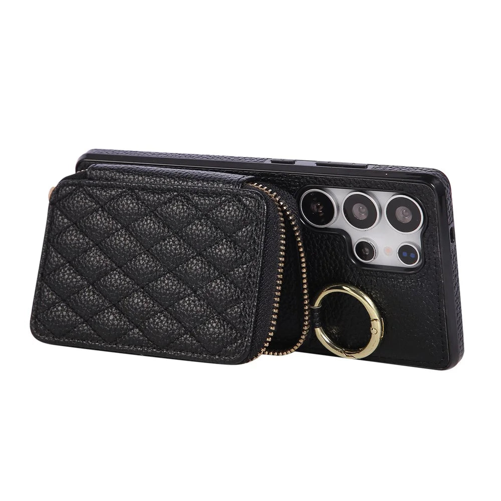 For Samsung Galaxy S25 Ultra Case Zipper Card Holder PU Leather Phone Back Cover with Shoulder Strap - Black - 4