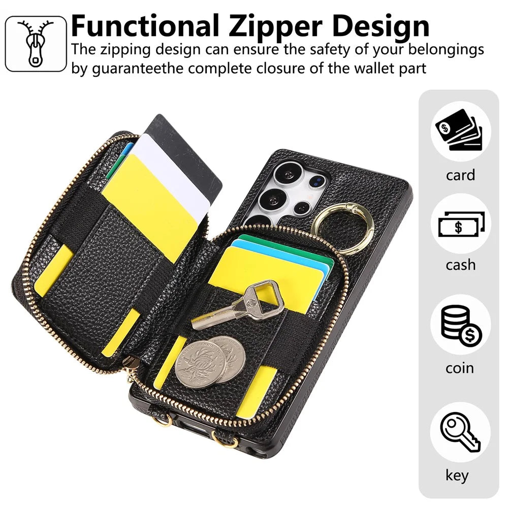 For Samsung Galaxy S25 Ultra Case Zipper Card Holder PU Leather Phone Back Cover with Shoulder Strap - Black - 6