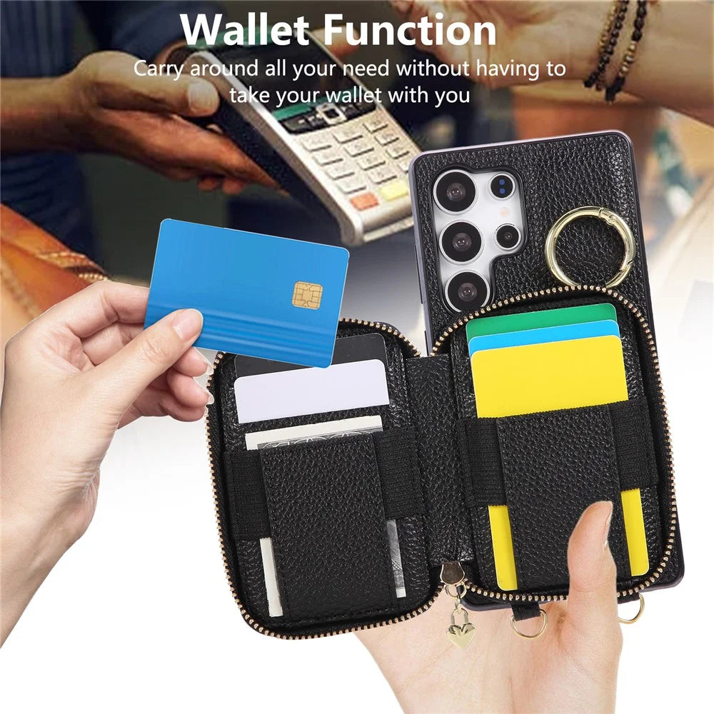 For Samsung Galaxy S25 Ultra Case Zipper Card Holder PU Leather Phone Back Cover with Shoulder Strap - Black - 7