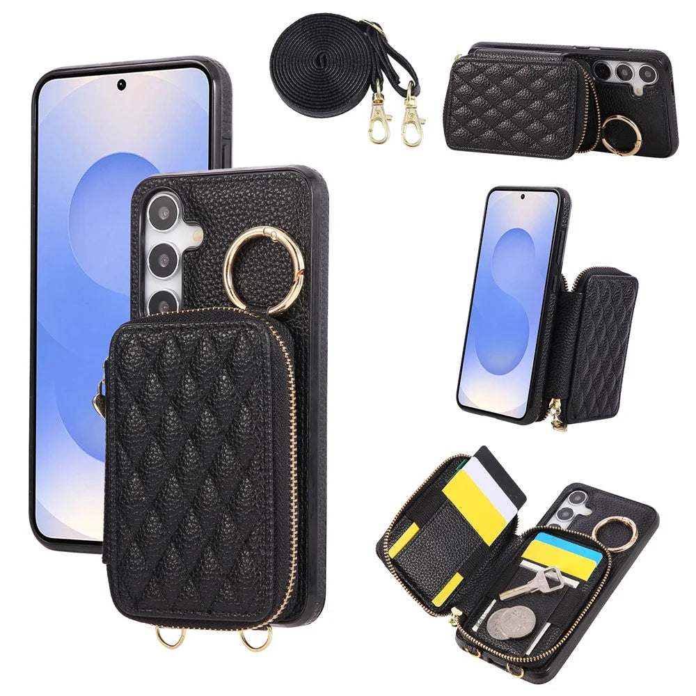 Phone Case For Samsung Galaxy S25  /  S24 Zipper Card Holder PU Leather Phone Back Cover with Shoulder Strap - Black - 1