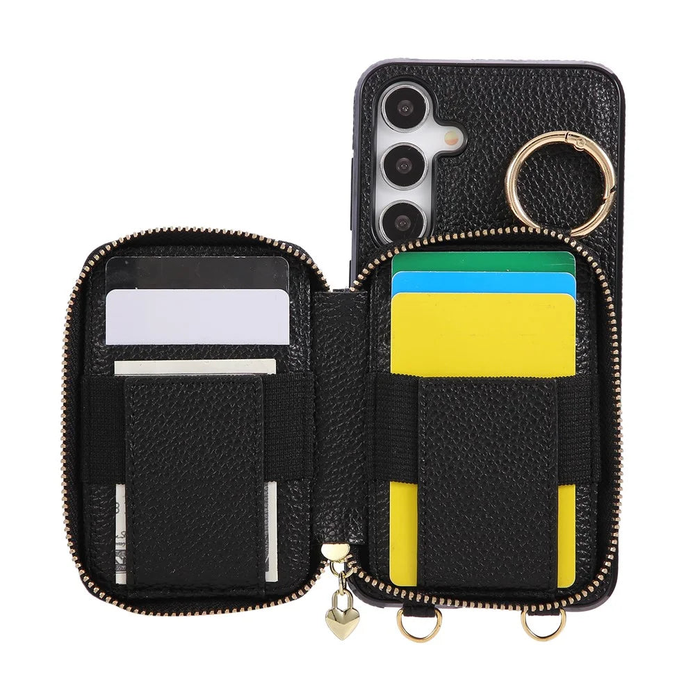 Phone Case For Samsung Galaxy S25  /  S24 Zipper Card Holder PU Leather Phone Back Cover with Shoulder Strap - Black - 3