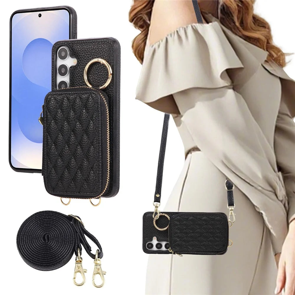 Phone Case For Samsung Galaxy S25  /  S24 Zipper Card Holder PU Leather Phone Back Cover with Shoulder Strap - Black - 5