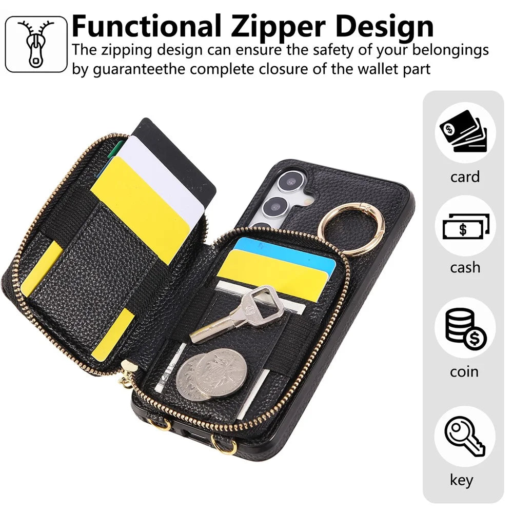 Phone Case For Samsung Galaxy S25  /  S24 Zipper Card Holder PU Leather Phone Back Cover with Shoulder Strap - Black - 7