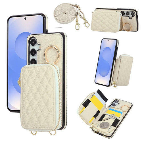 Phone Case For Samsung Galaxy S25+  /  S24+ Zipper Card Holder PU Leather Phone Back Cover with Shoulder Strap - Beige - 1