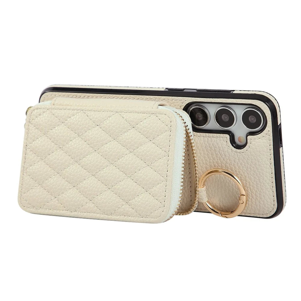 Phone Case For Samsung Galaxy S25+  /  S24+ Zipper Card Holder PU Leather Phone Back Cover with Shoulder Strap - Beige - 2